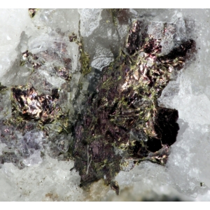 Пластинчатые пурпурные с металлическим блеском кристаллы юшкинита с зеленоватым сульванитом в кальците
