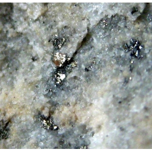 Мелкие кристаллы золотистого голдфилдита и серого петцита