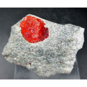 Прозрачный розовато-красный кристаллический агрегат размером 1,5 см в матриксе. Намибия
