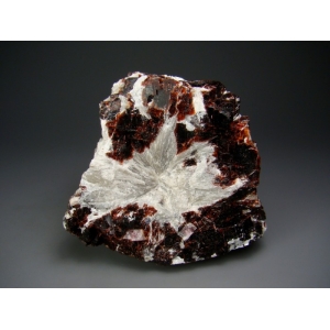 Темно-красный крупнокристаллический виллиомит с белым радиально-лучистым пектолитом.